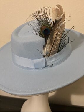 Light Blue Felt Fedora with Feather Trim